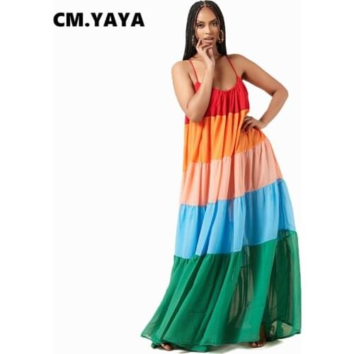 CM.YAYA Women Long Dress Patchwork Sleeveless Strap Slash Neck Loose Maxi Dresses Casual Fashion Vestidos Summer Outfits 2021