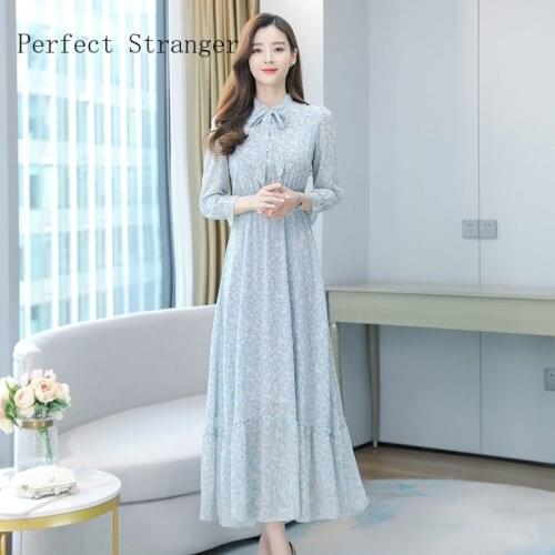 2021 Spring Summer New Arrival Hot Sale Elegant Bow Collar Flower Printed Women Long Chiffon Dress M-4XL