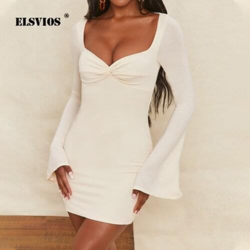 New Women Fall Sexy Square Collar Flared Sleeves Mini Dress Elegant Solid Party Dress Ladies Spring Slim Bodycon Dresses Vestido