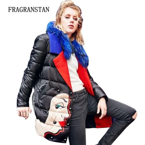 Winter Women Fashion Blue Real Fur Collar Long Cartoon Print Black Down Jacket Thick Wool Warm Waterproof Girl New Vestidos Y113