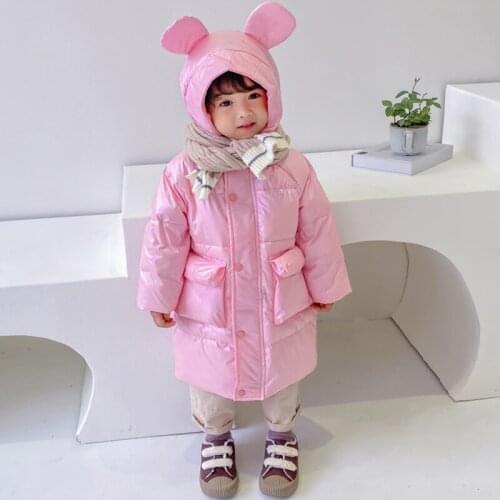 2021 Winter Children Long Thick Down Jacket Boys And Girls Over The Knee Bright Down Coat Kids Hooded Warm Parkas Outwear 1-6T