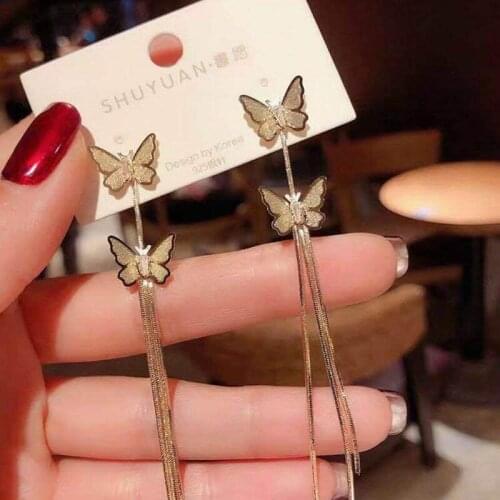 2021 Wholesale Women Fashion Long Drop Earrings Gold Color Animal Vintage Bohemian Two Butterfly Tassel Earrings Fashion Jewelry