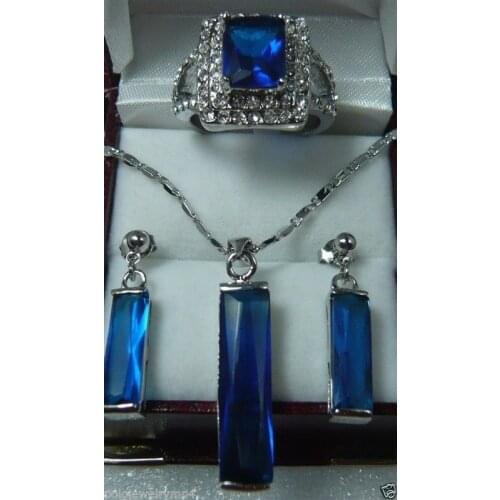 Hot sell new - Jewelry Blue Crystal Earrings Pendant Ring(#7.8.9) sets watch wholesale Quartz stone CZ crystal
