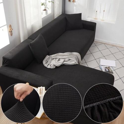 Plaid Corn Fleece Fabric Black Sofa Cover For Living Room Solid Color All-inclusive Modern Elastic Corner Couch Slipcover 45012