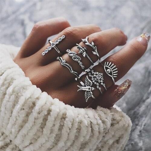 9 pcs/set Vintage Exaggerated Rings Set for Women Personality Little Bird Crystal Crown Charm Ring Jewelry Women Wholesale