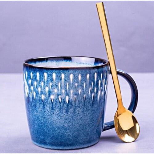 Creative Nordic Ceramic Water Cup With Gold Color Stainless Steel Spoon Retro Mug Personality Office Cup Suitable for Coffee Tea