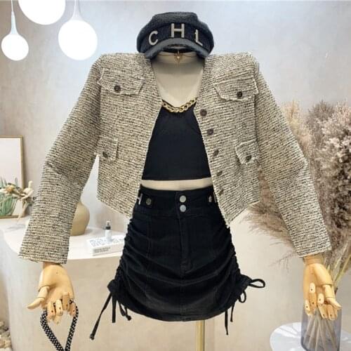 Small Fragrance Vintage Thin Tweed Jacket Coat Womens Autumn 2021 New Korean Fashion Long Sleeve Short Coats Casual Outwear