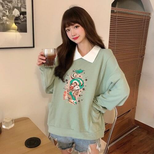 Cute Japanese Funny Dragon Print Harajuku Kawaii Streetwear Turn-Down Collar Pullovers Sweater Ulzzang Casual Preppy Sweatshirt