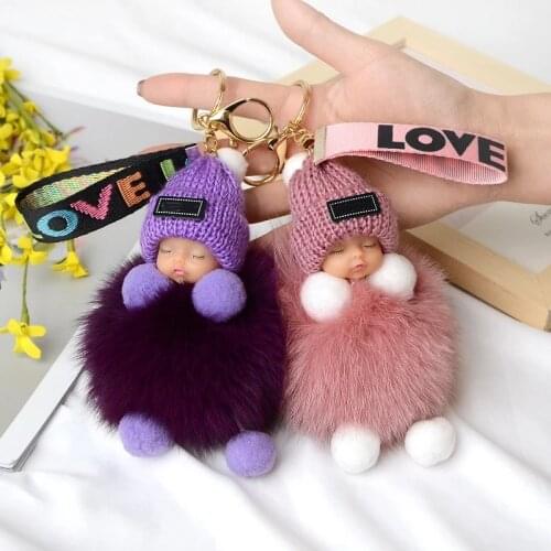 Fashion Colorful Sleeping Baby Doll Hanging Piece Hair Ball Pendant Cute Fluffy Pompom Chain Cotton Wool Holder Bag Ball Toy