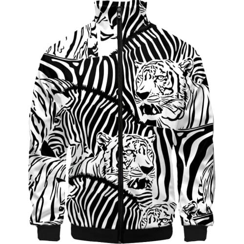 Zip Jacket Mens Autumn Personality Tops 3D Printed Black White Tiger Zebra Casual Plus Size 4XL Costuming Unisex Winter Coat