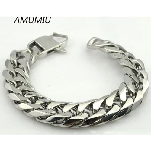 AMUMIU 22cm*17mm Stainless Steel Bracelets Curb Cuban Chain Men Bracelet Jewelry pulseira masculina, Christmas Gift HZB057