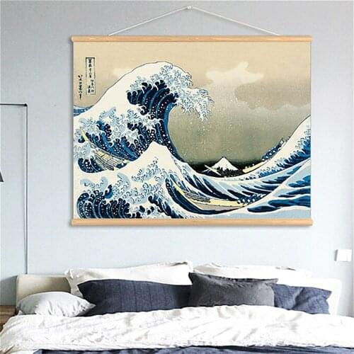 Wall Art Picture Print Hanging Canvas Wooden Scroll Painting Japan Great Wave Kanagawa Japanese Poster for Kitchen Wall Decor