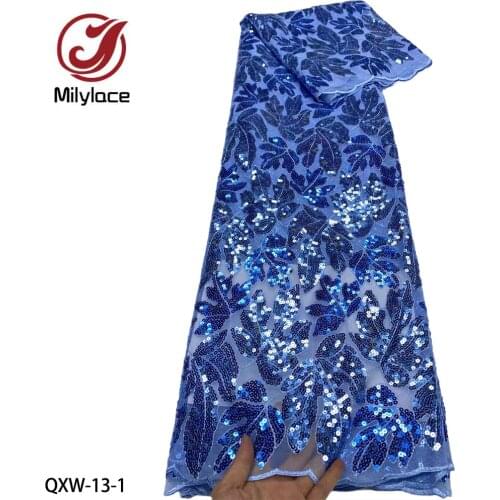 Latest French Tulle Lace Fabric 5 Yards 2021 High Quality Nigerian Sequins Embroidery African Lace Fabric for Wedding QXW-13