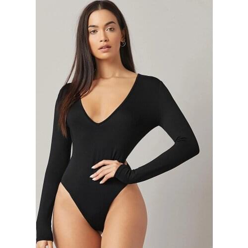 Solid Color One Piece Swimsuit Women Sexy Deep V-Neck Long Sleeve Bathing Suit High Waist Push Up Monokini Beachwear 2021