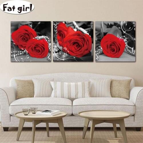 Full square round red rose Pearl necklace diamond painting cross stitch 5D embroidery Black and white poster mosaic Hand drill