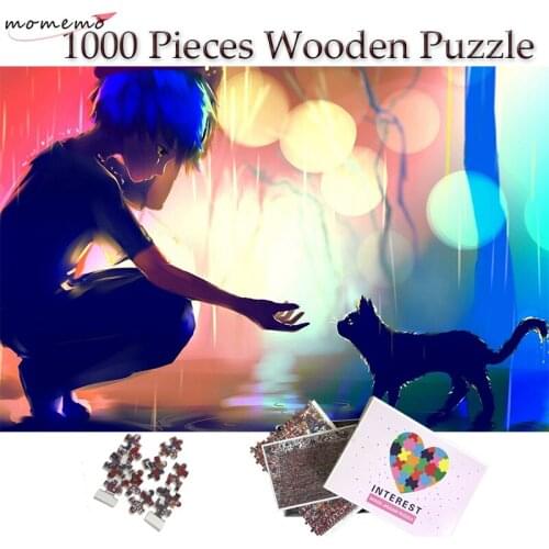 MOMEMO Young Person and Cat Wooden Puzzle 1000 Pieces Super Warm Pattern Jigsaw Puzzle Toys for Adults Teenagers Kids Home Decor