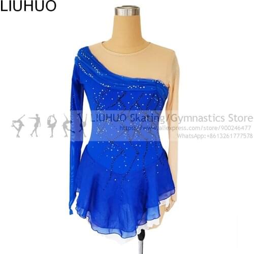 Blue Figure Skating Dress Fingerpoint Sleeves Ice Skating Skirt Long-Sleeved Spandex Skirt Competition Dresses LIUHUO