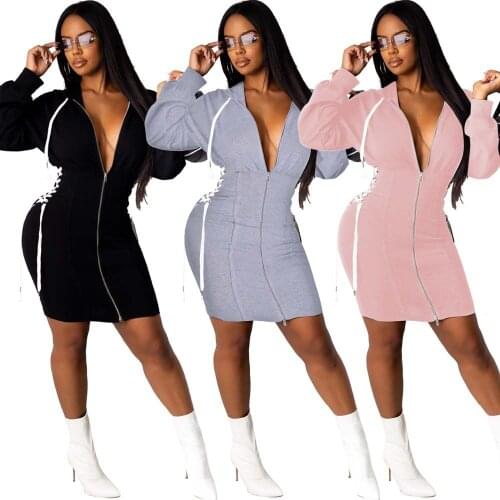 Side Drawstring Lace Up Hooded Dress Woman Casual Solid Long Sleeve Front Zipper Slim Bodycon Mini Sweatshirts Dresses Vestidos
