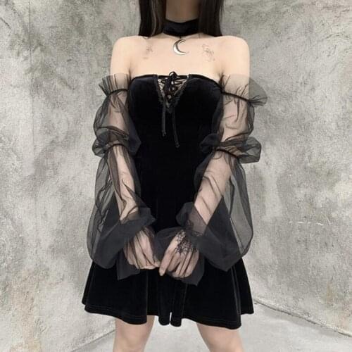 AIYANGA Mesh Vintage Gothic Dresses girl 2020 Velvet Sexy Women Transpanent Sleeve Lace Up Dress Chic Punk Hip Hop Vestido