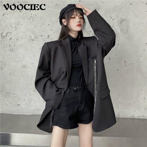 VOOCIEC Korean womens suit coat Slim loose long sleeve casual suit top Fashionable Street Harajuku suit coat gothic decor