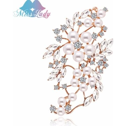 Miss Lady Rose Gold Color Simulated Pearl rhinestone wedding flower brooches for women brooch bouquet pins jewelry