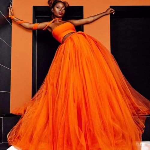 Trend Hot Orange Puffy Split Long Women Tulle Skirt Lush Mesh Ball Gowns Elastic High-Waisted Skirt To Party Wedding Faldas