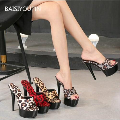 Plus Size Catwalk Leopard Fashion New High-quality Women Slippers 15cm High Heels Sexy Party Female Slides34-42 Platform(4.5cm)
