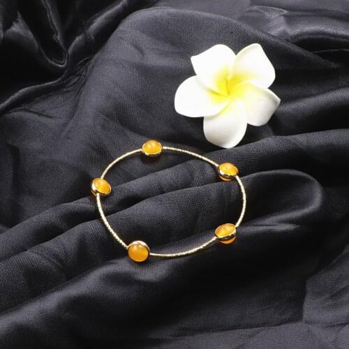 Beaded Bracelet for Women Classic Natural Stone Yellow Jades Round Bangle Wrist Bracelets Best Friend Gift Jewelry 7.5" B316