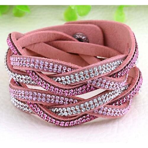 Miasol Braided Suede Leather Double Wrap Bracelet With Biling Crystal Rhinestone Wrapped Bracelet Armband For Women Gift
