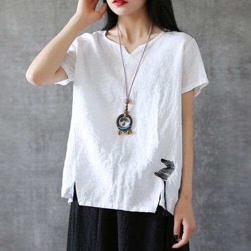 Johnature Retro Loose Cotton Linen Embroidery Fashion All-match T-shirts 2021 Summer New Simple Leisure Short Sleeve Women Tops