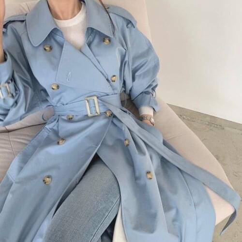 Women Trench Coat Top 2021Autumn New Elegant Double Breasted Vintage Long Trench Coat Loose Belted Split Female Blue Windbreaker