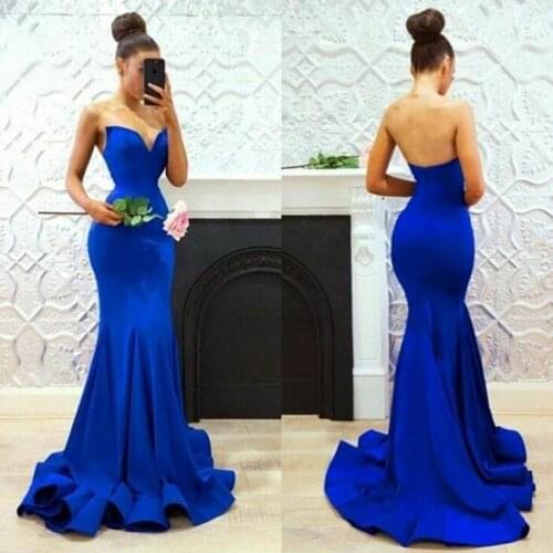 Womens Long V-Neck Satin Mermaid Prom Dresses with Train Robe De Soiree Sexy Open Back Royal Blue Formal Party Dresses