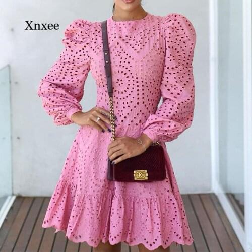 Womens Retro Elegant Hollow Dress Solid Color Pink Long-Sleeved Mini Dress O-Neck High Waist A-Line Dress