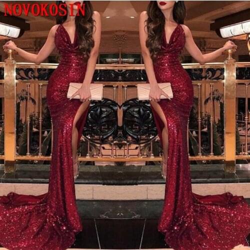2019 Burgundy V Neck Sequins Mermaid Prom Dresses Sexy High Slit Vestidos De Fiesta Sweep Train Formal Long Evening Party Gown