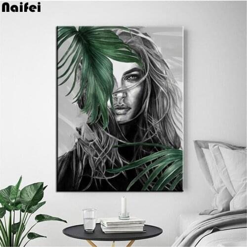 5d DIY Diamond Painting Green-Plant-Woman Full Square round Diamond Embroidery Rhinestone Picture Diamond Mosaic Painting