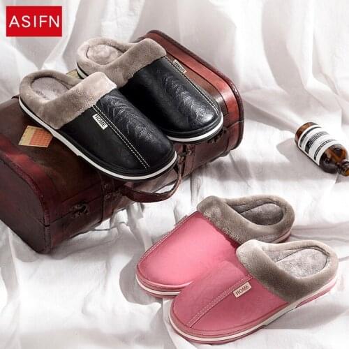 ASIFN Mens Winter Slippers Big Size PU Leather Waterproof Warm Home Women Fur Slipper Male Couple Platform Indoor Fluffy