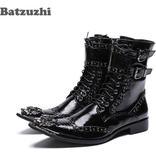 Batzuzhi Handmade Boots Men Black Leather Ankle Men Boots Pointed Iron Toe Motorcycle boots Men zapatos de hombre Military Shoes
