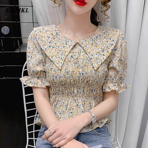 Floral Printed Vintage Chiffon Blouses Women 2021 Fashion Casual Summer Corset Top Blouse Korean Slim French Puff Sleeve Blouse