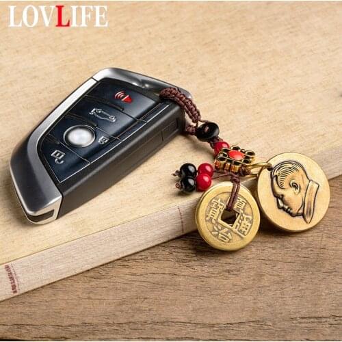 Pure Brass Round Tag Car Key Chain Pendants Handmade Woven Rope Ancient Chinese Five Emperors Coins Lucky Feng Shui Hanging Gift