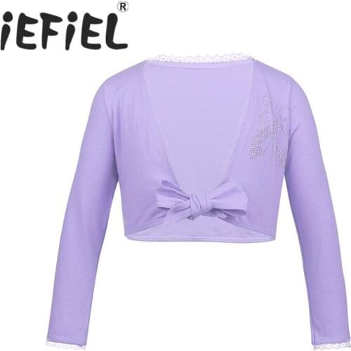 Children Kids Girls Ballet Coat Classic Long Sleeve Front Knot Cotton Wrap Top Ballet Dance Cardigan for Stage Performance