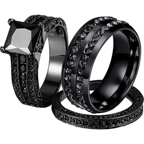 His Her Couple Rings Black 316L Stainless Steel Princess Cut Cubic Zirconia Engagement Wedding Ring Set