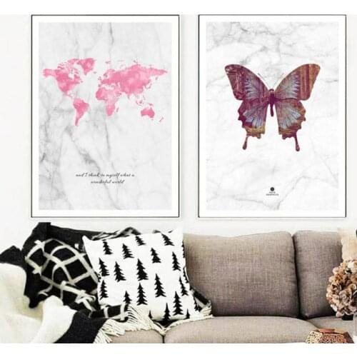 Canvas Painting Wall Art World Map and Butterfly Poster Nordic Marble Pictures for Modern Home Living Room Decor