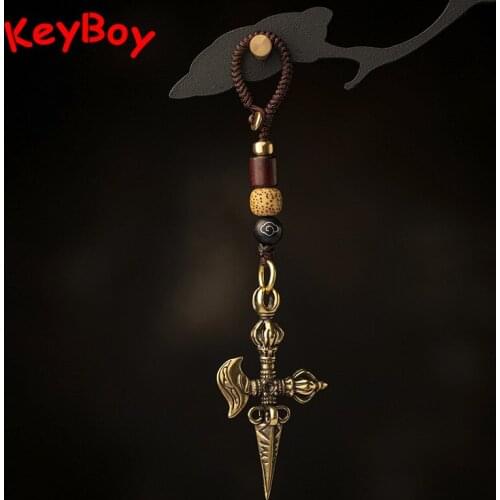 Brass Buddhism Dorje Cross Vajry Pestle Keychain Lanyard Pendant Vintage Metal Key Chains Bag Charms Keyrings Lucky Hanging Gift