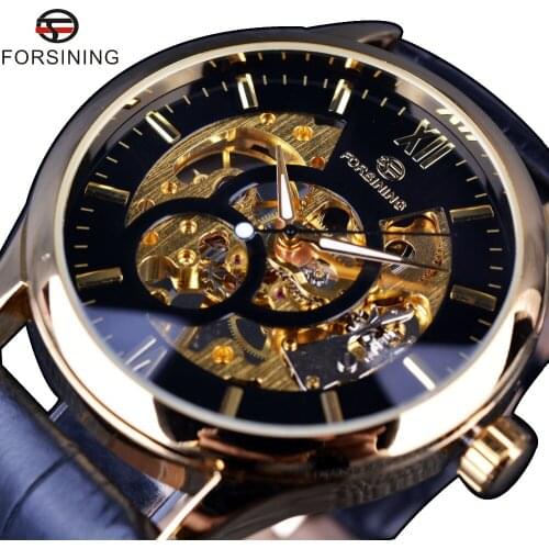 Forsining 2 Small Dial Decoration Luxury Gold Watch Men Mechanical Leather Strap Male Top Brand Clock Men Wristwatch Erkek Saat