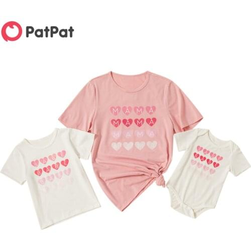 PatPat 2021 New Summer Love Print Pink and White Series Cotton T-shirts for Mommy and Me