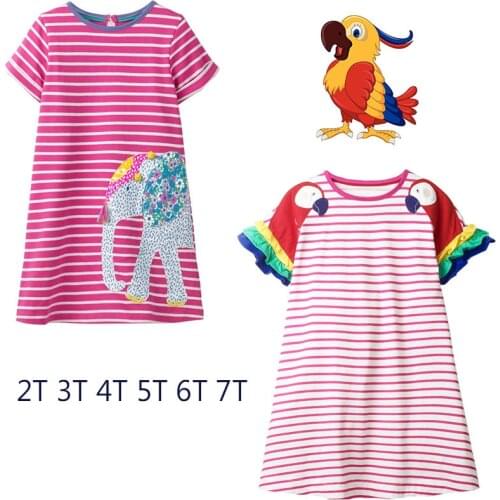 New Baby Girls Parrot Elephant Flower Print Dresses Clothes Kids Summer Princess Dress Children Party Ball Pageant Dress Stripe