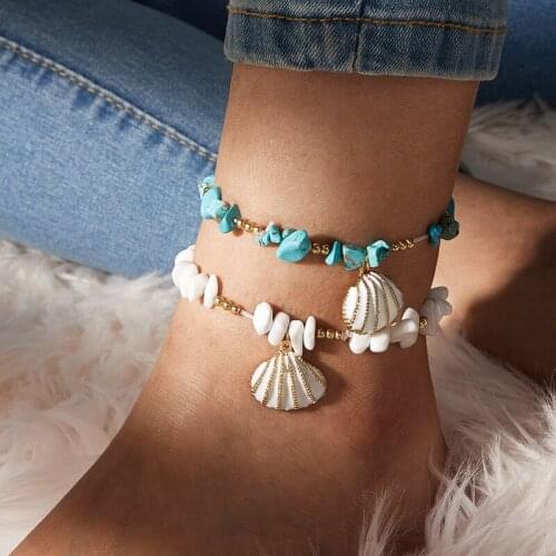 Docona Boho Handmade Shell Pandent Anklet Set for Women Multilayer Beaded Broken Stones Summer Beach Foot Chains Jewelry 8602