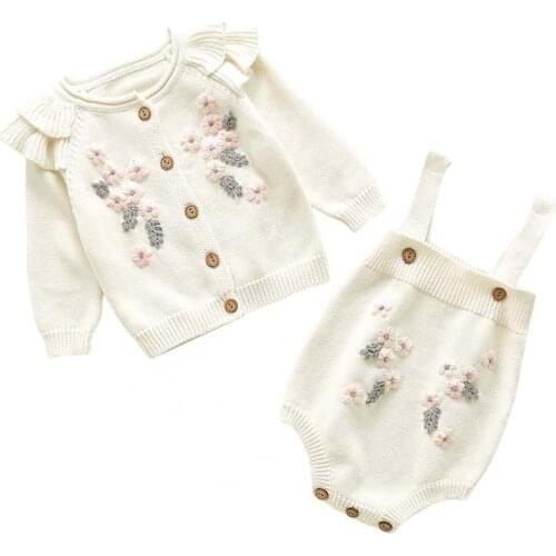 Newborn Baby Girls Clothes Autumn Embroidered Coat Infant Girls Long Sleeve Knit Cardigan Tops Kids Toddler Sling Jumpsuit Sets