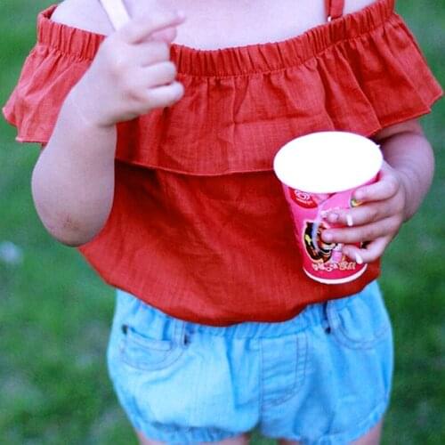 1-6T Baby Girls Shirt Kids Summer T Shirts Off The Shoulder Top Flower Print Cute Tollder Clothing Children Clothes red yellow