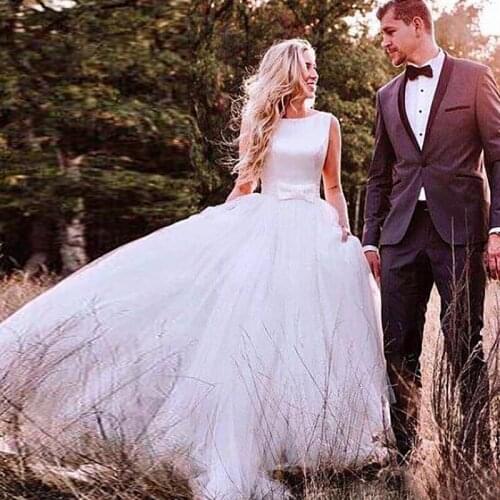 Simple White Tulle Wedding Dress V-Back Custom Made Bridal Dress Vestidos De Noiva Cheap Price